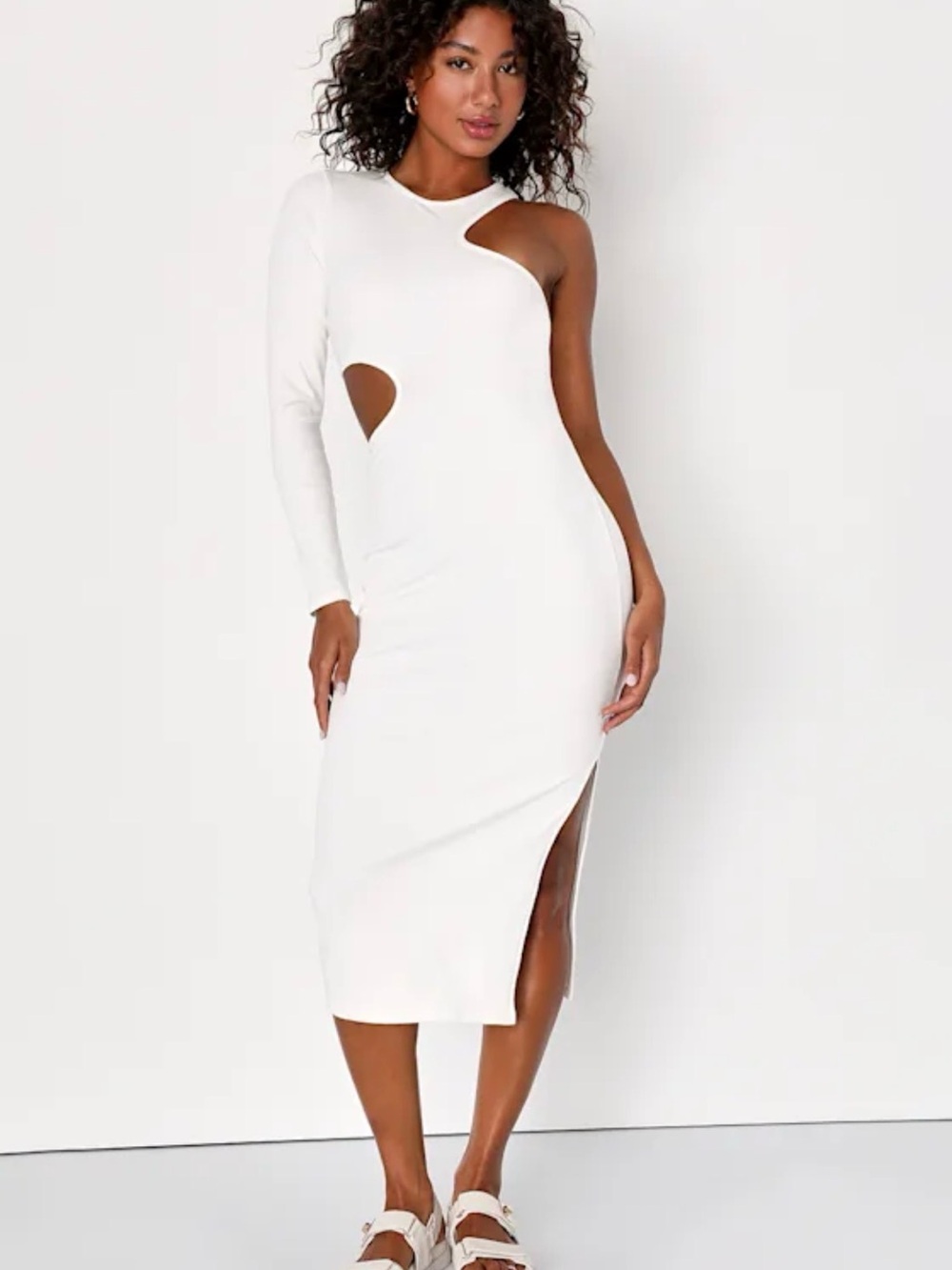 Lulus White Asymmetric One Shoulder Cut Out Midi Dress NWT Size S Date Night